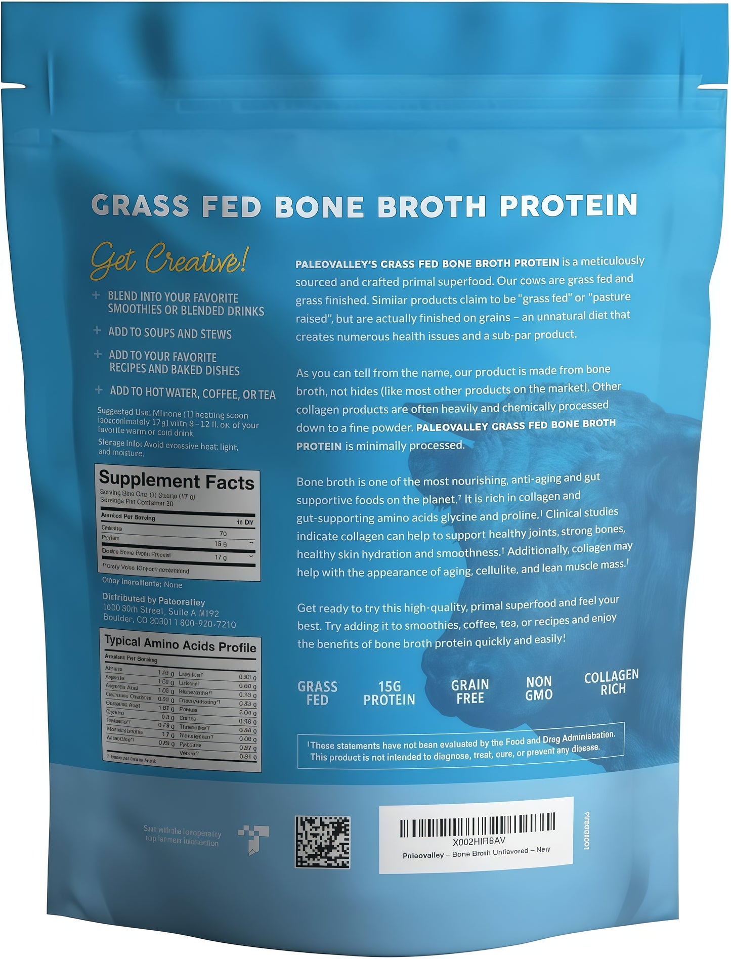 Paleovalley 100% Grass Fed Bone Broth Protein Powder Rich in Collagen